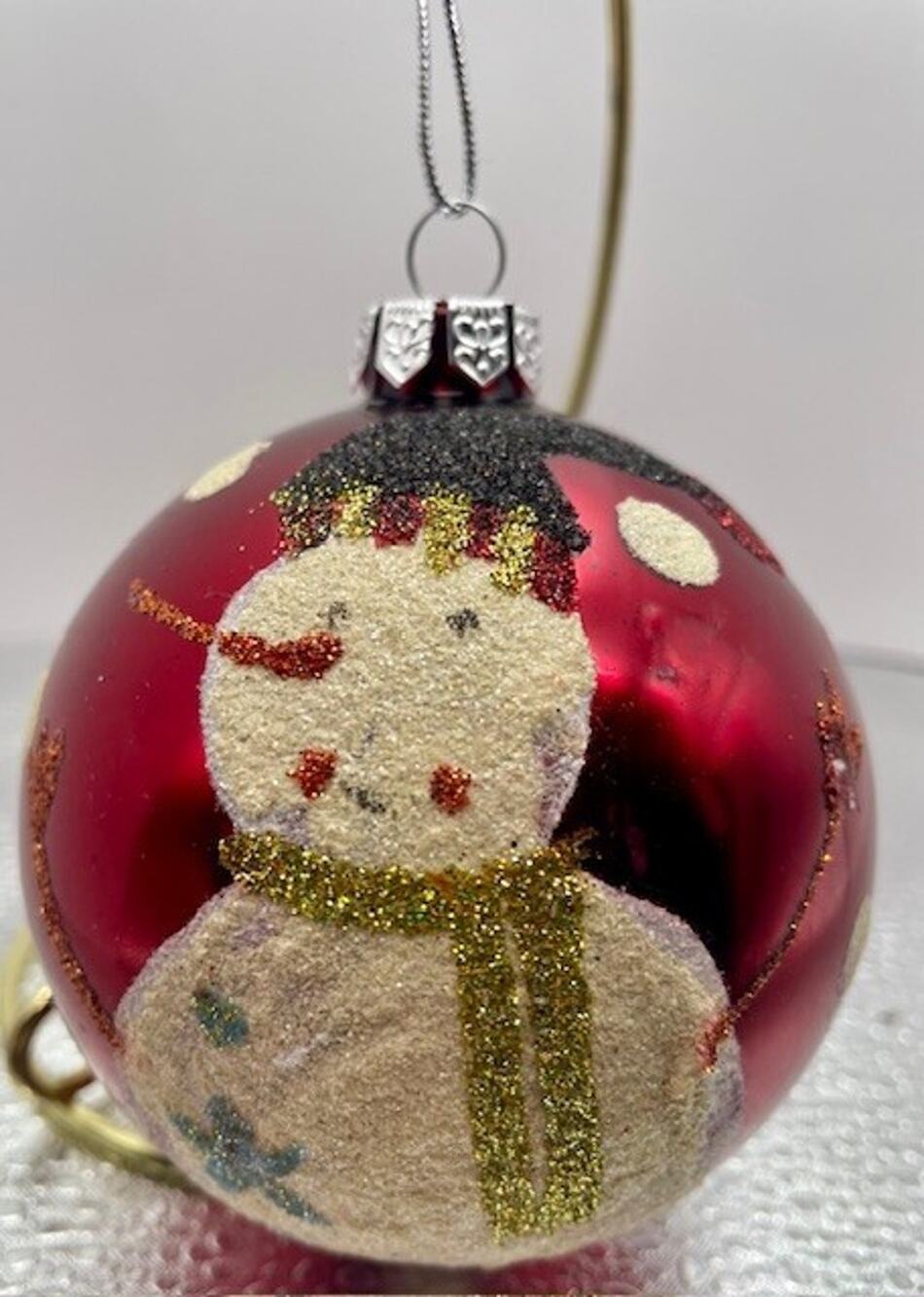 Vintage Snowman Christmas Hand Made Ornament Red Ball Mercury Glass 3.5" x 3.5"